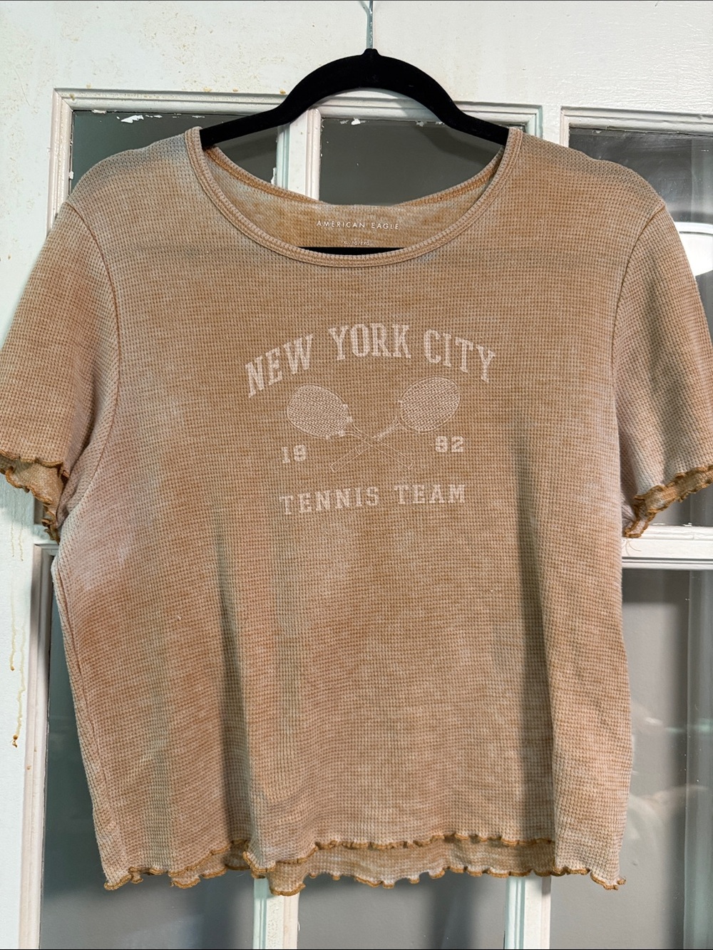 American Eagle Outfitters Beige Waffle Knit "New York City Tennis Team" Tee